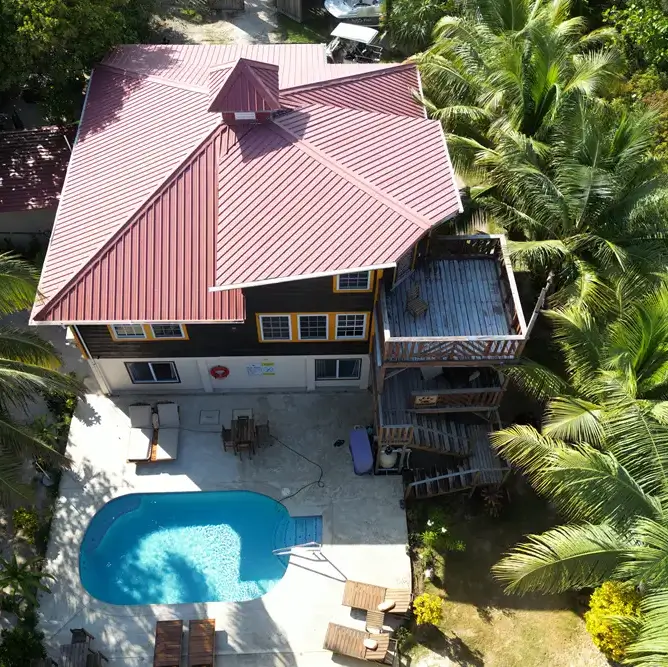 Aerial view of a tropical vacation villa surrounded by lush palm trees, featuring a red metal roof, private outdoor swimming pool, sun loungers, and spacious deck area in a serene Belize setting.